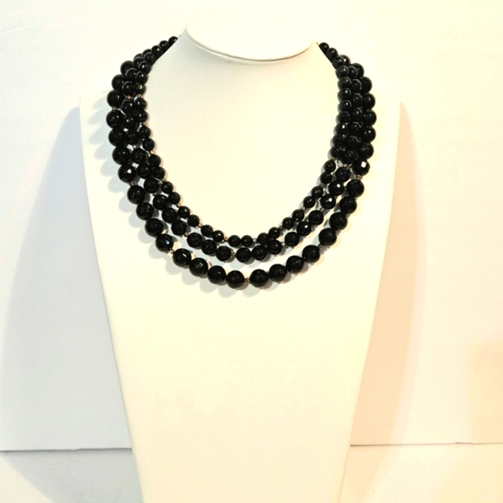Three Layered Black Polished Faceted Beaded Necklace 17"